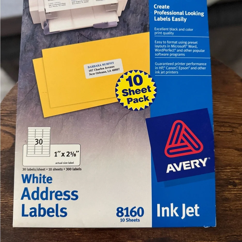 Avery White Ink Jet Address Labels. 8660. 10 sheets x 30 labels. 300 labels.